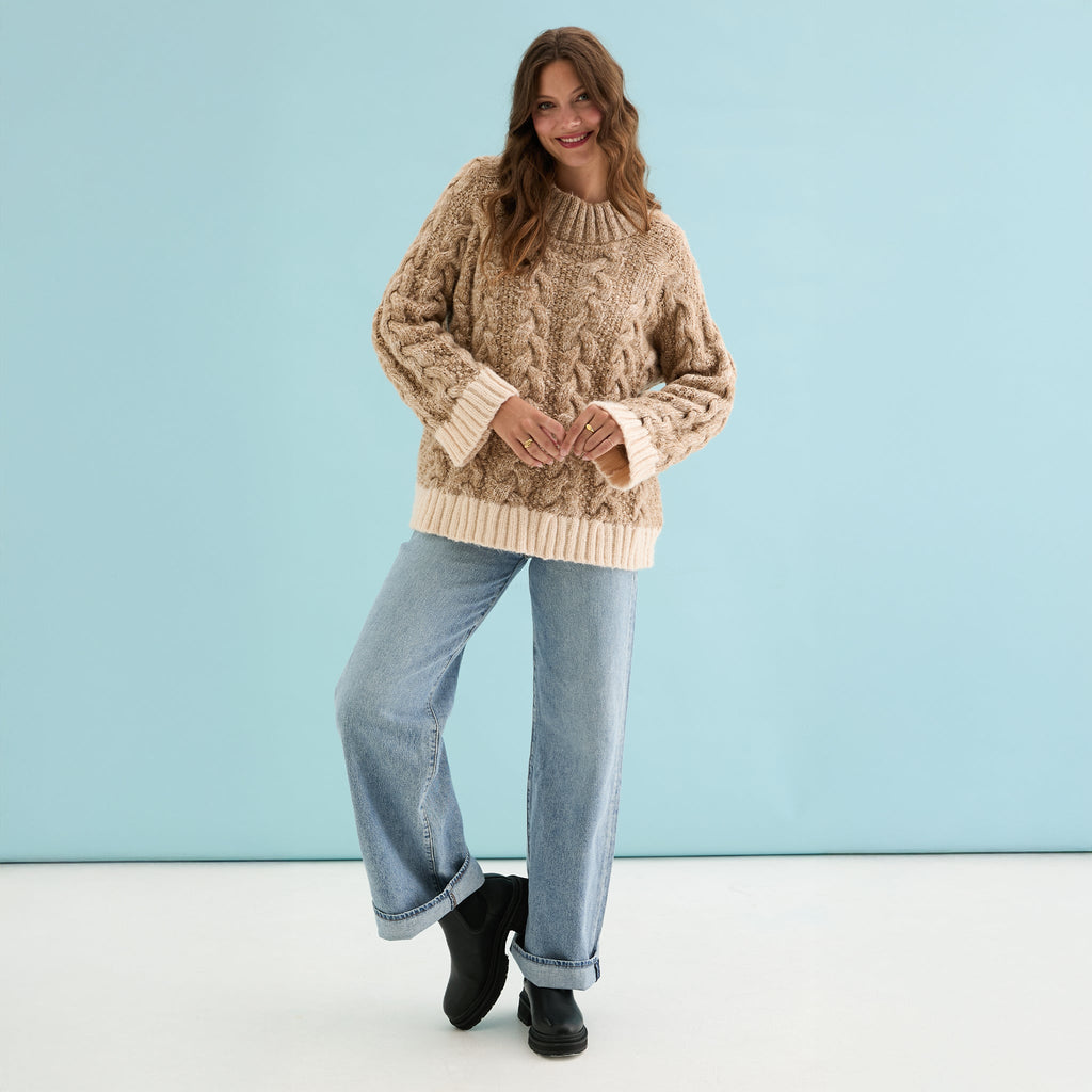 Jennie Cable High Neck Balloon Sleeve Jumper - Beige - Cara & The Sky