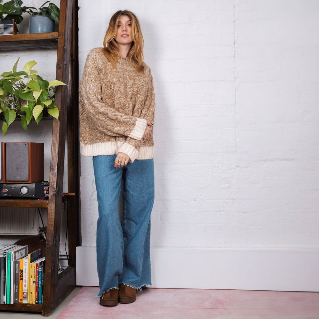 Jennie Cable High Neck Balloon Sleeve Jumper - Beige - Cara & The Sky