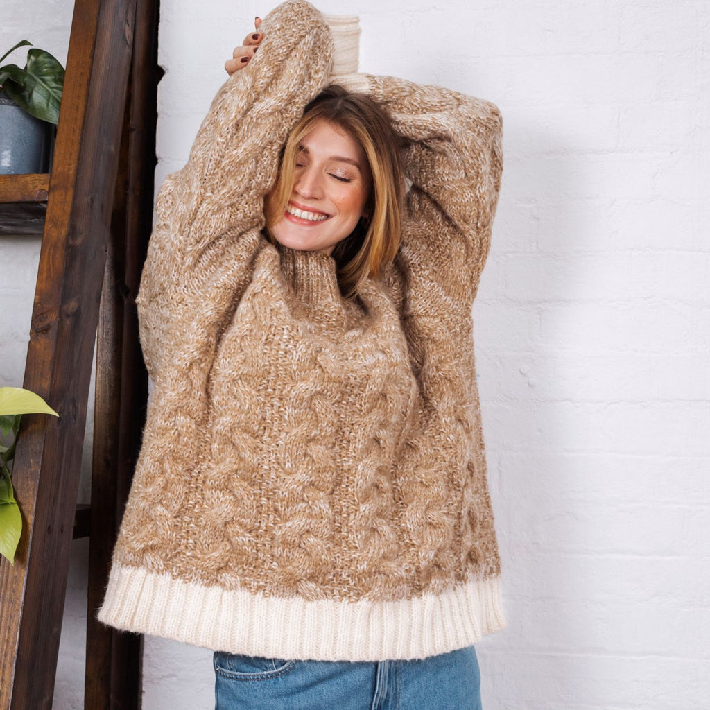 Jennie Cable High Neck Balloon Sleeve Jumper - Beige - Cara & The Sky