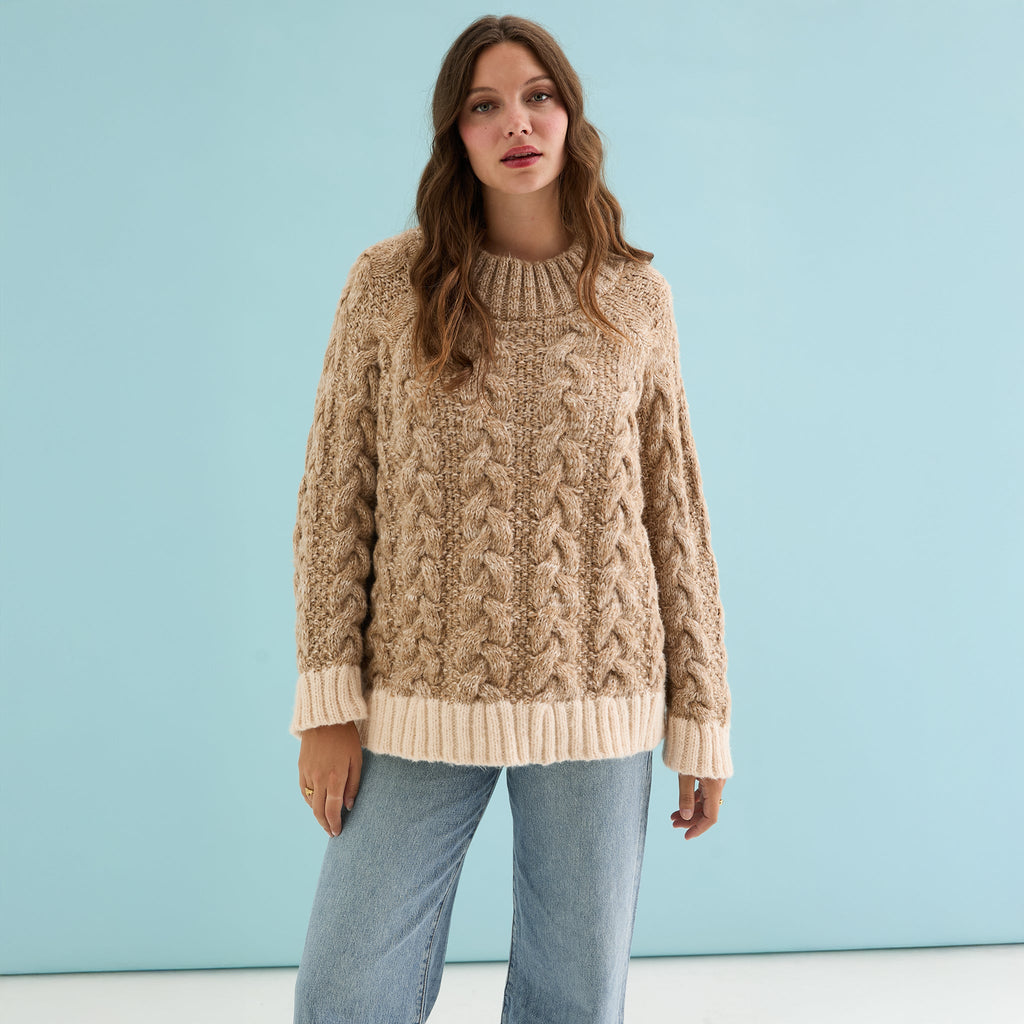 Jennie Cable High Neck Balloon Sleeve Jumper - Beige - Cara & The Sky