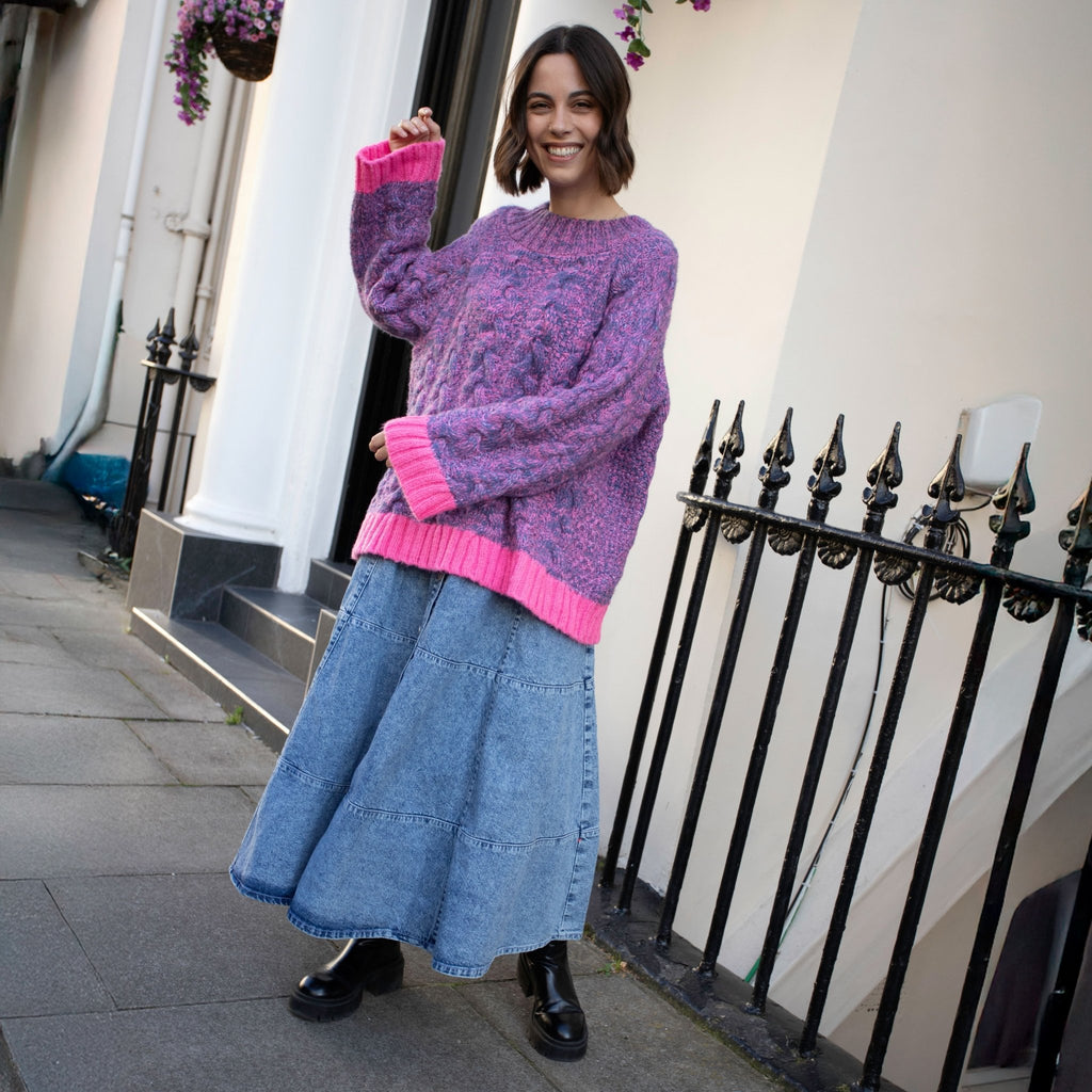 Jennie Cable High Neck Balloon Sleeve Jumper - Denim - Cara & The Sky