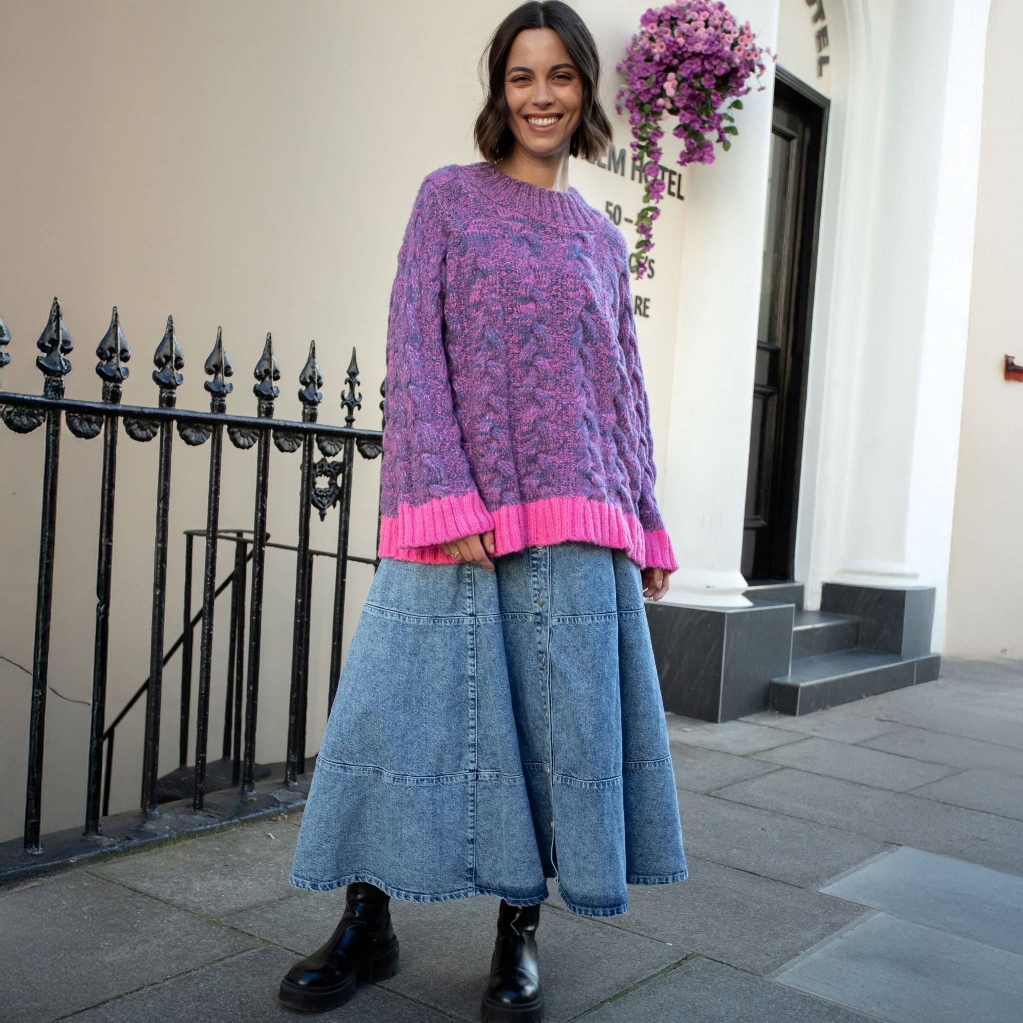 Jennie Cable High Neck Balloon Sleeve Jumper Denim