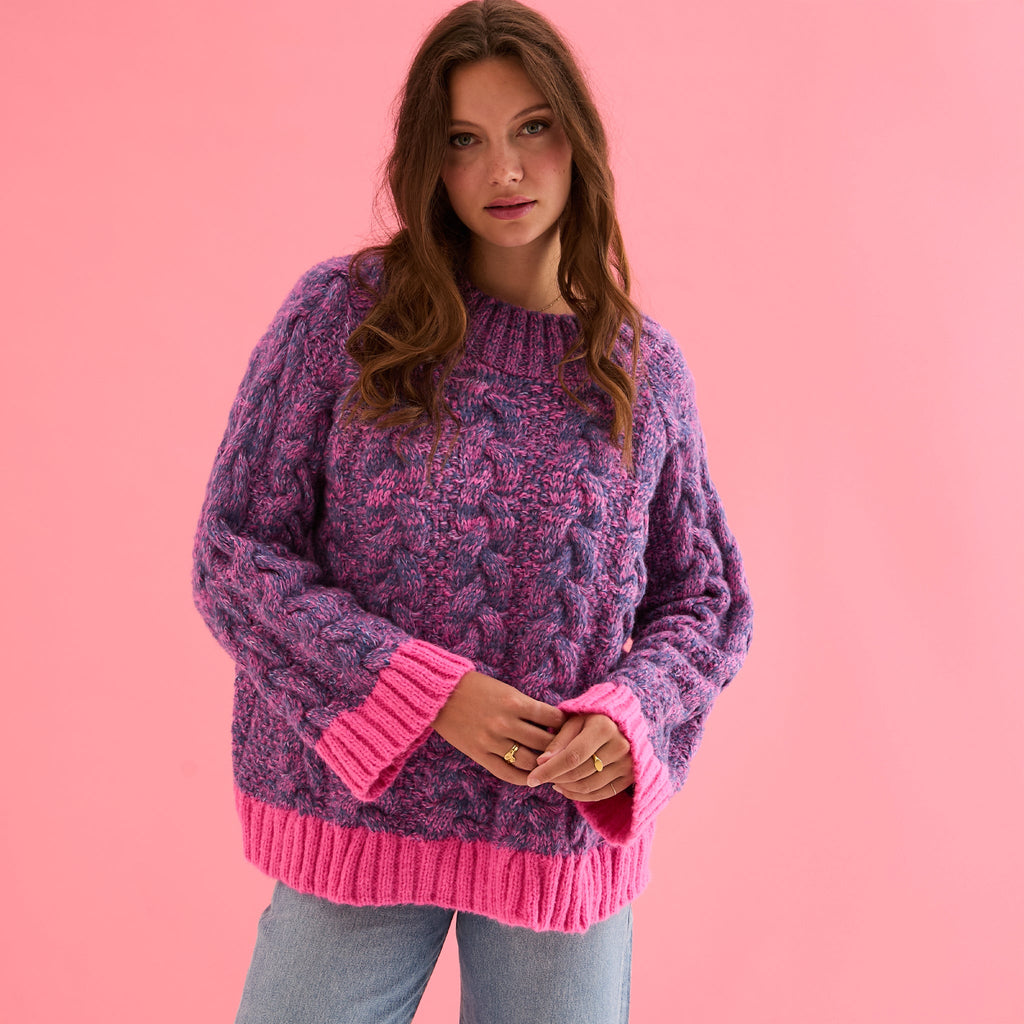Jennie Cable High Neck Balloon Sleeve Jumper - Denim - Cara & The Sky