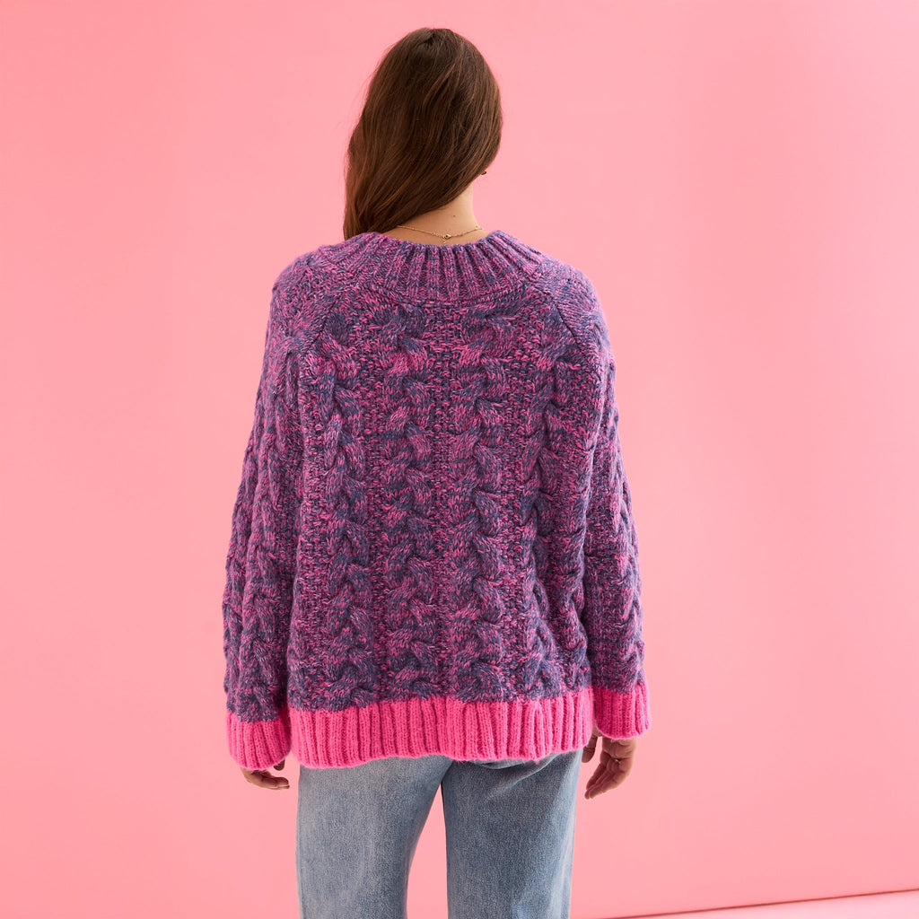 Jennie Cable High Neck Balloon Sleeve Jumper - Denim - Cara & The Sky