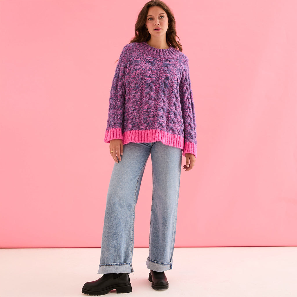 Jennie Cable High Neck Balloon Sleeve Jumper - Denim - Cara & The Sky