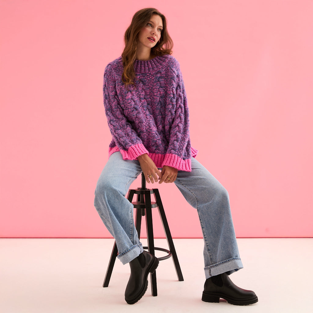 Jennie Cable High Neck Balloon Sleeve Jumper - Denim - Cara & The Sky