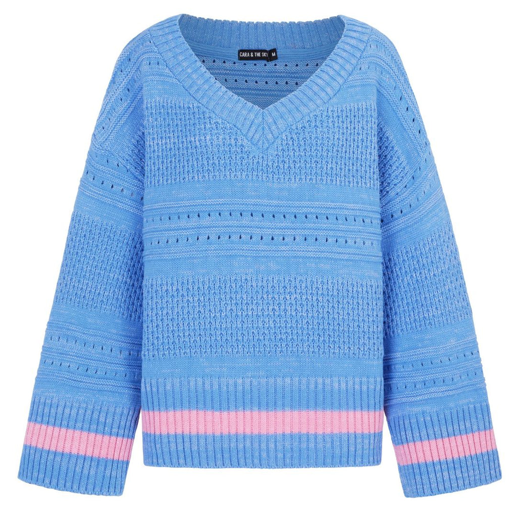 Judith Pointelle Stitch V Neck Jumper - Blue - Cara & The Sky