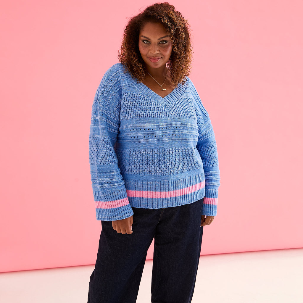 Judith Pointelle Stitch V Neck Jumper - Blue - Cara & The Sky