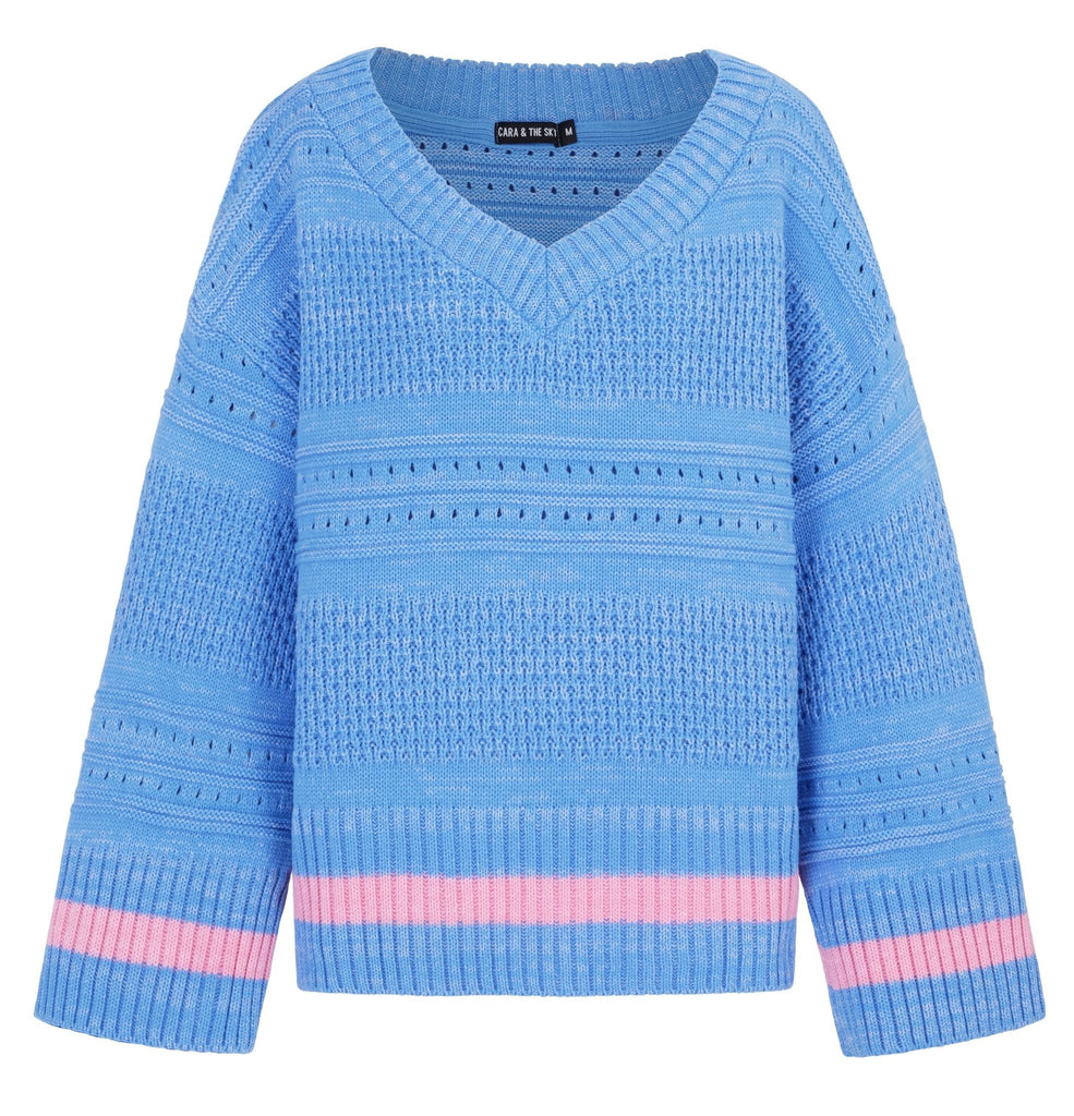 Judith Pointelle Stitch V Neck Jumper - Blue - Cara & The Sky