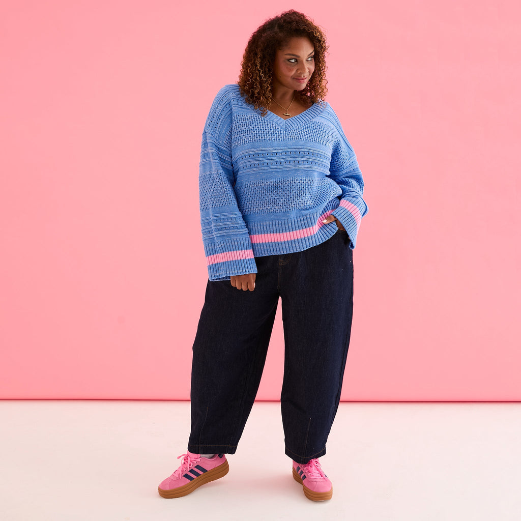Judith Pointelle Stitch V Neck Jumper - Blue - Cara & The Sky
