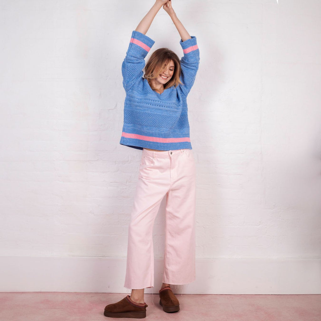 Judith Pointelle Stitch V Neck Jumper - Blue - Cara & The Sky