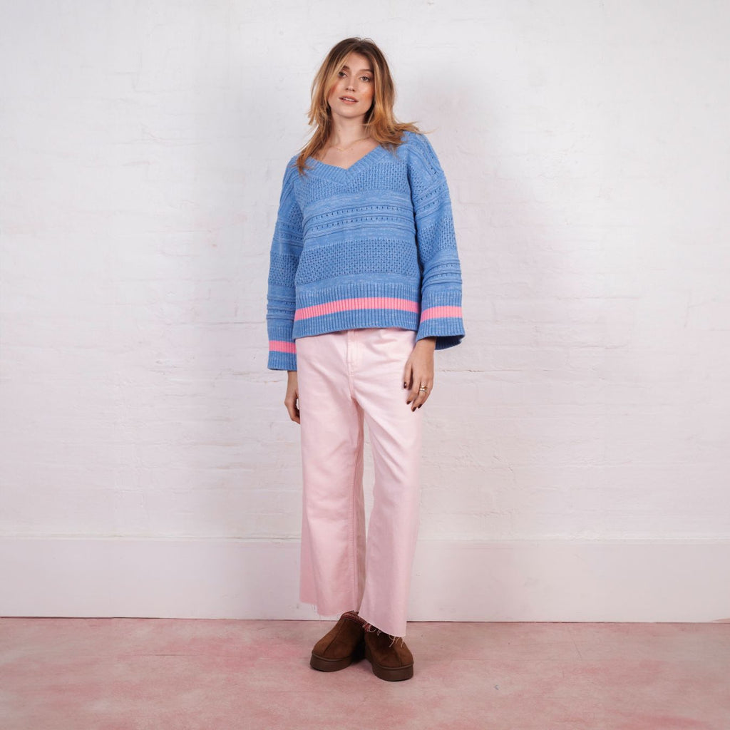 Judith Pointelle Stitch V Neck Jumper - Blue - Cara & The Sky