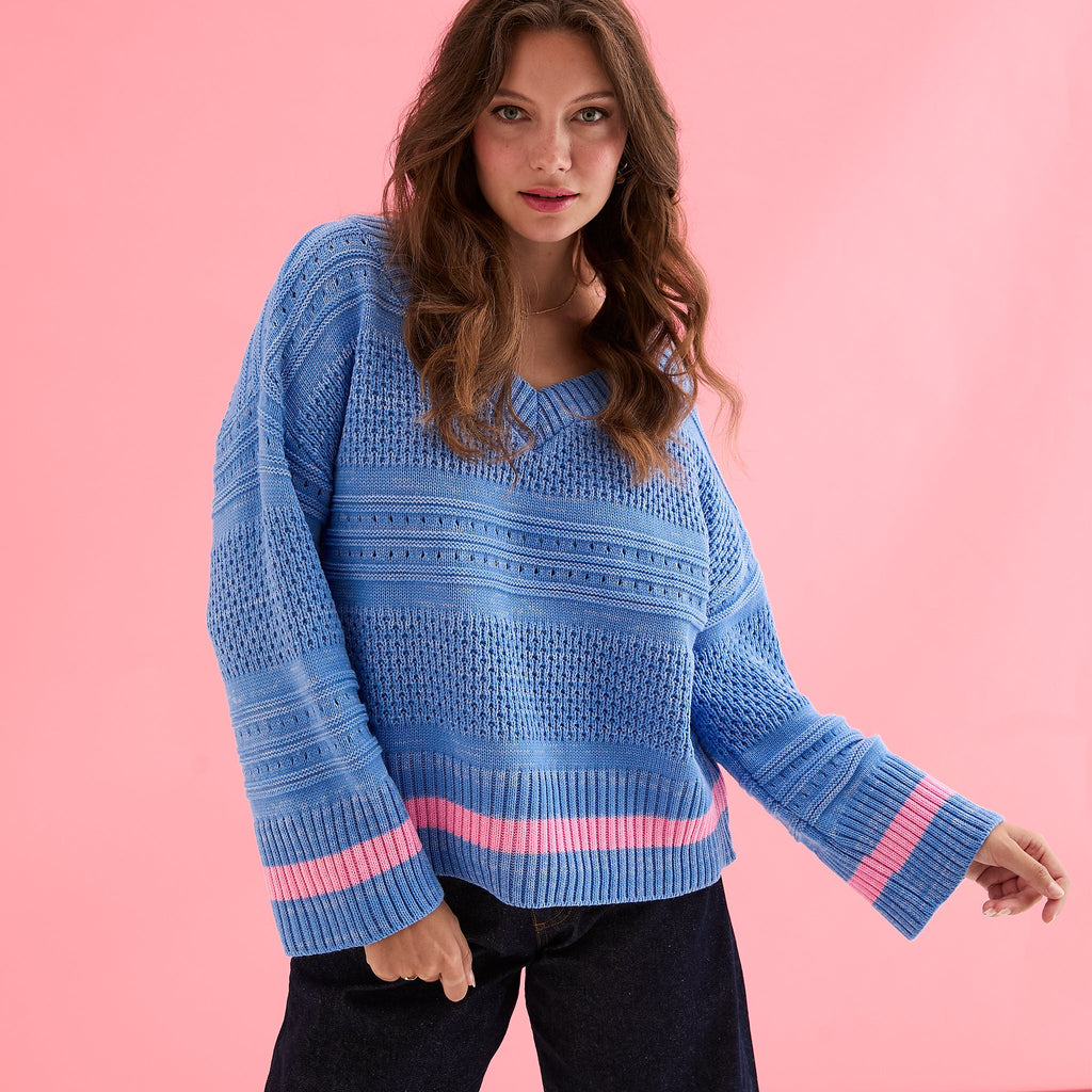 Judith Pointelle Stitch V Neck Jumper - Blue - Cara & The Sky
