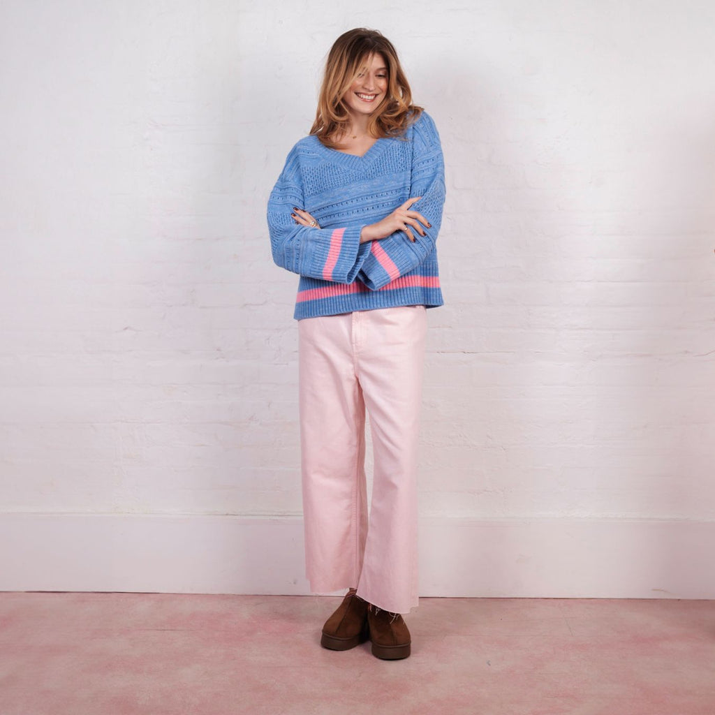 Judith Pointelle Stitch V Neck Jumper - Blue - Cara & The Sky