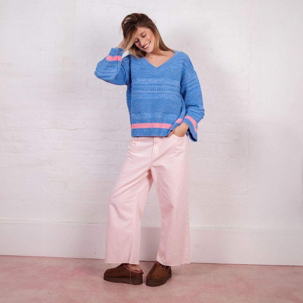 Judith Pointelle Stitch V Neck Jumper - Blue - Cara & The Sky