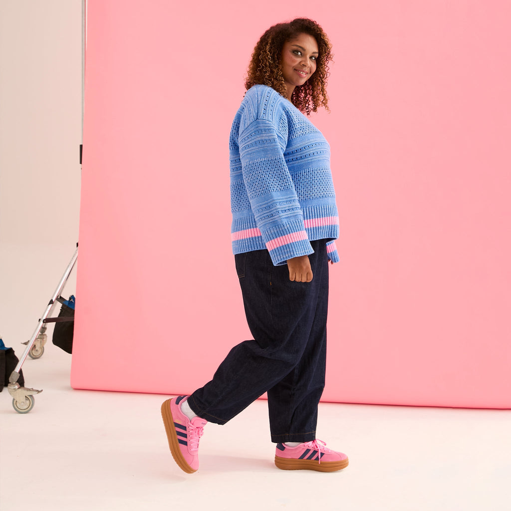 Judith Pointelle Stitch V Neck Jumper - Blue - Cara & The Sky