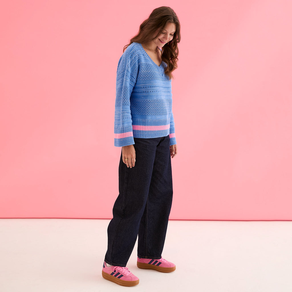 Judith Pointelle Stitch V Neck Jumper - Blue - Cara & The Sky