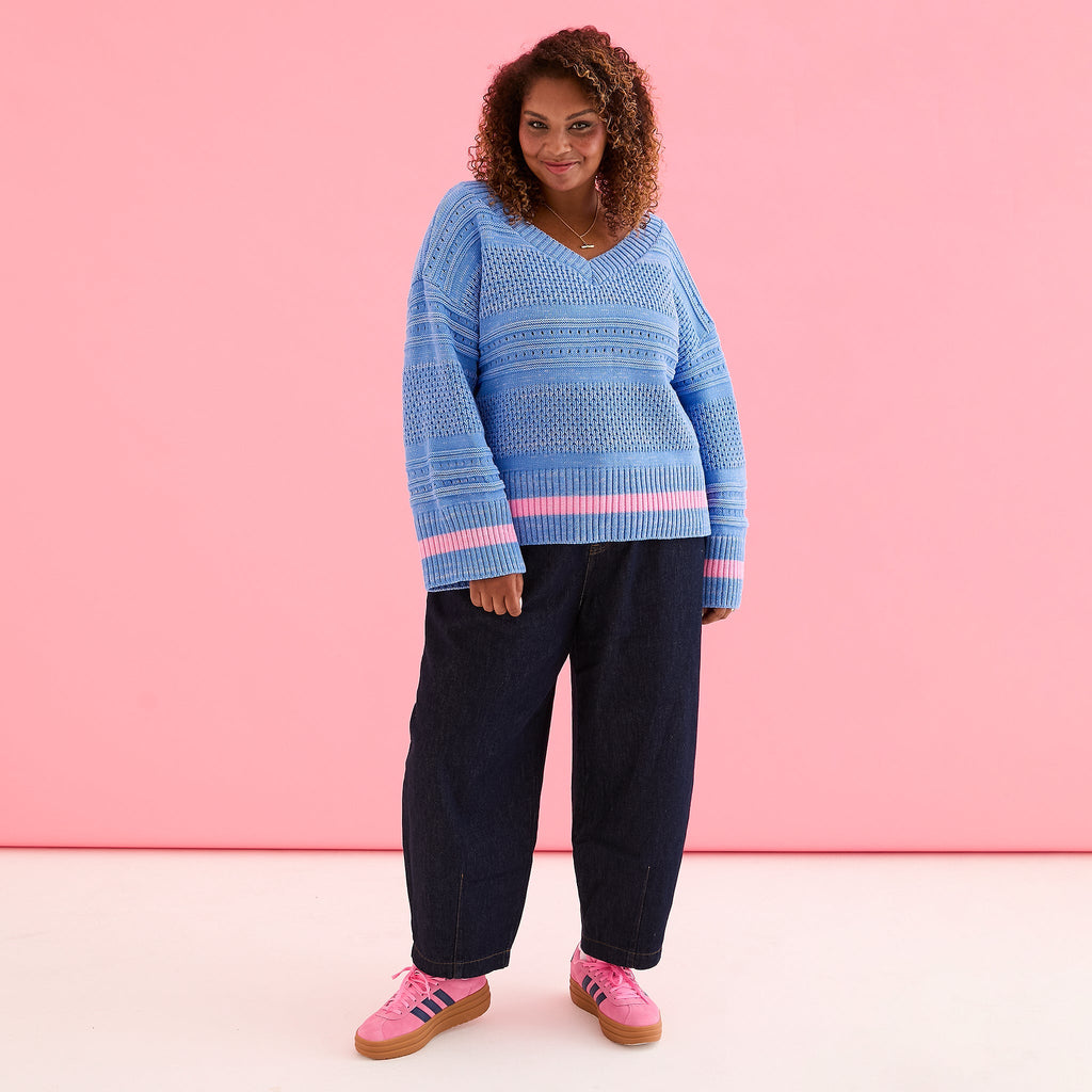 Judith Pointelle Stitch V Neck Jumper - Blue - Cara & The Sky