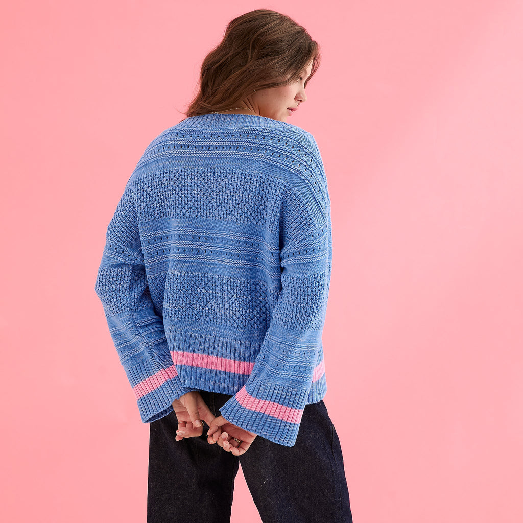 Judith Pointelle Stitch V Neck Jumper - Blue - Cara & The Sky