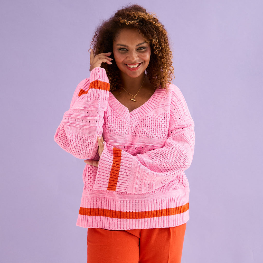 Judith Pointelle Stitch V Neck Jumper - Pink - Cara & The Sky