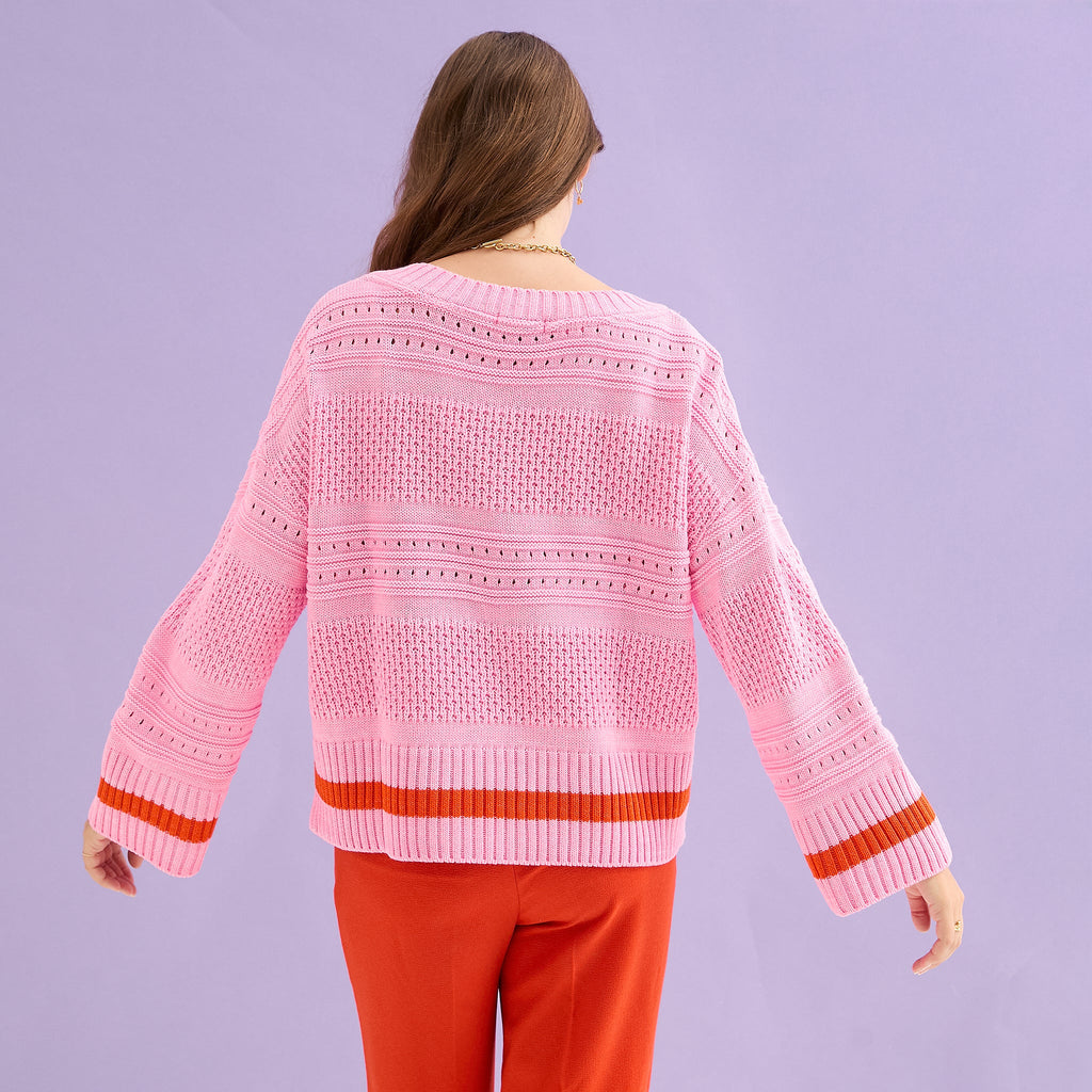 Judith Pointelle Stitch V Neck Jumper - Pink - Cara & The Sky