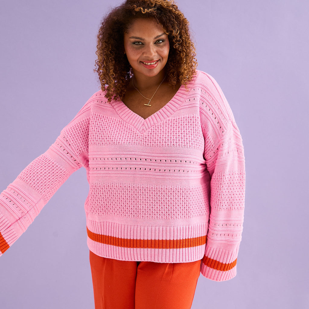 Judith Pointelle Stitch V Neck Jumper - Pink - Cara & The Sky