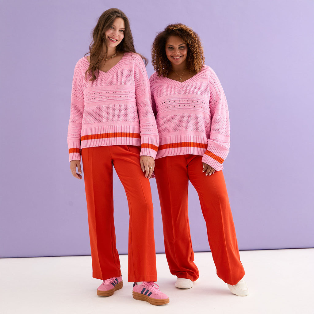 Judith Pointelle Stitch V Neck Jumper - Pink - Cara & The Sky