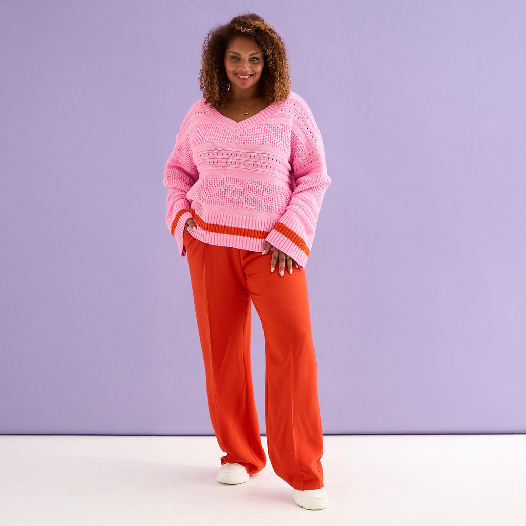 Judith Pointelle Stitch V Neck Jumper - Pink - Cara & The Sky