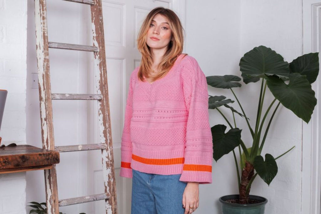 Judith Pointelle Stitch V Neck Jumper - Pink - Cara & The Sky