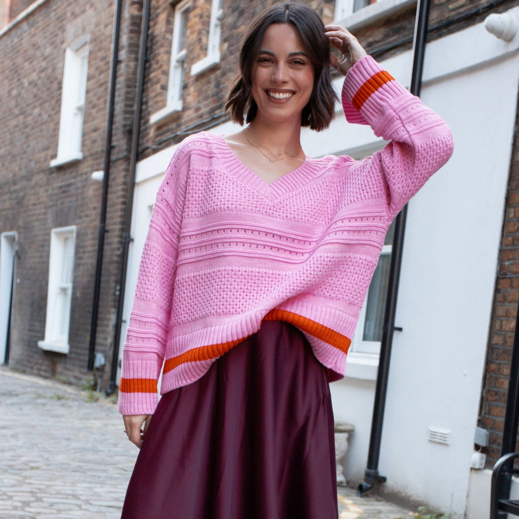 Judith Pointelle Stitch V Neck Jumper - Pink - Cara & The Sky