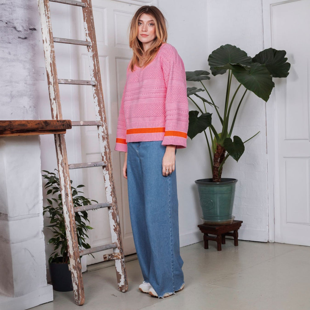 Judith Pointelle Stitch V Neck Jumper - Pink - Cara & The Sky