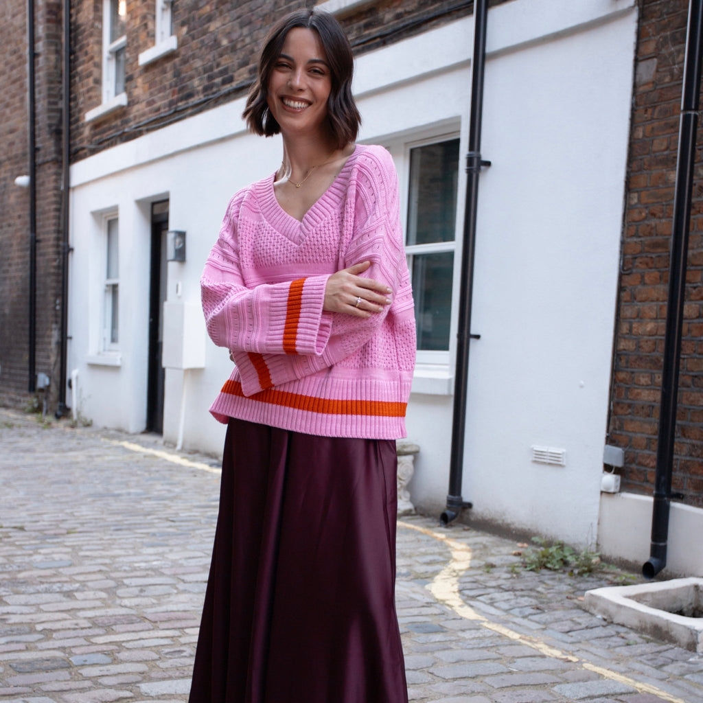 Judith Pointelle Stitch V Neck Jumper - Pink - Cara & The Sky
