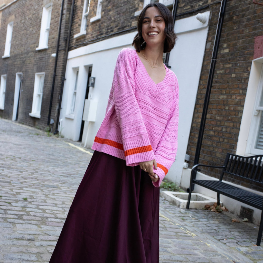 Judith Pointelle Stitch V Neck Jumper - Pink - Cara & The Sky