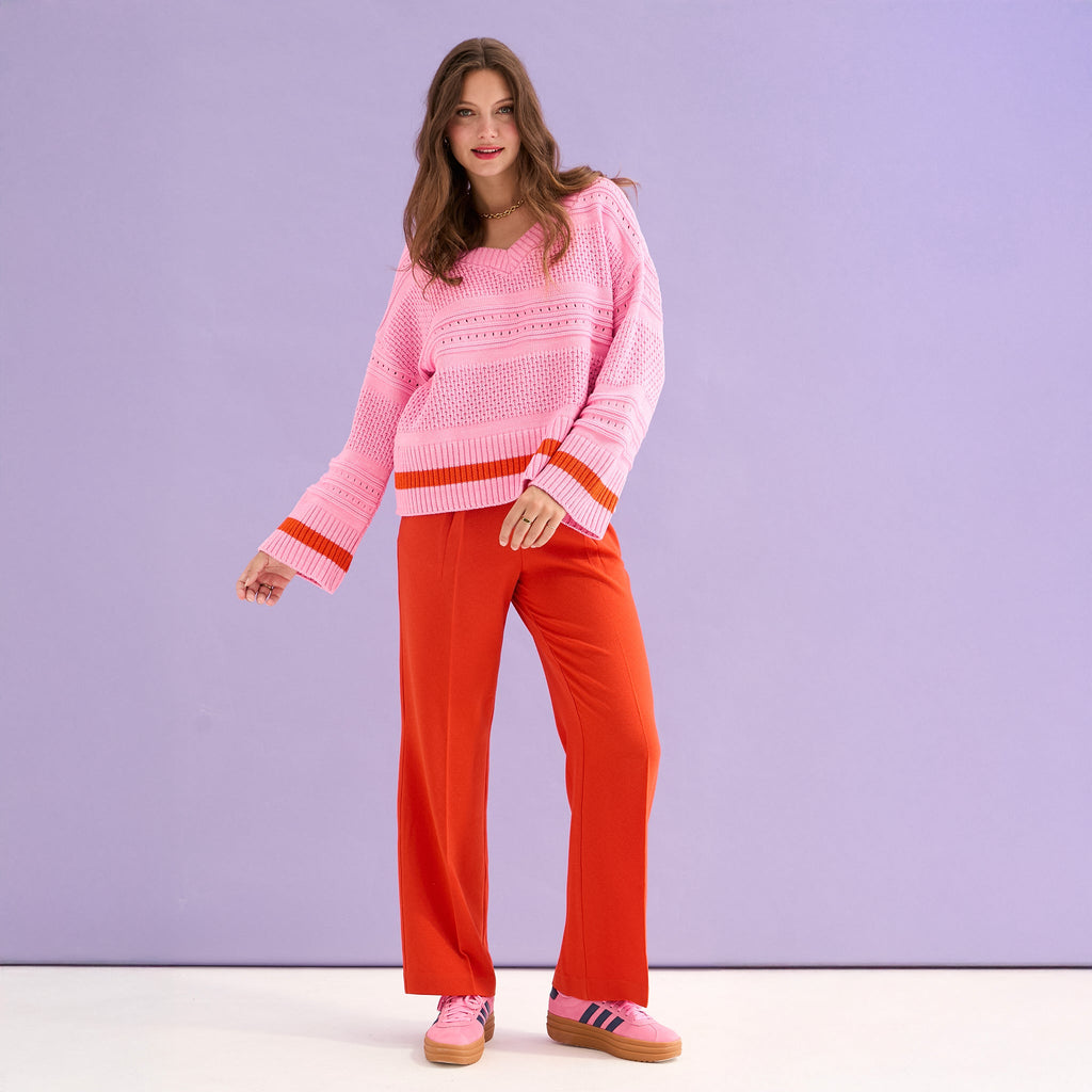 Judith Pointelle Stitch V Neck Jumper - Pink - Cara & The Sky