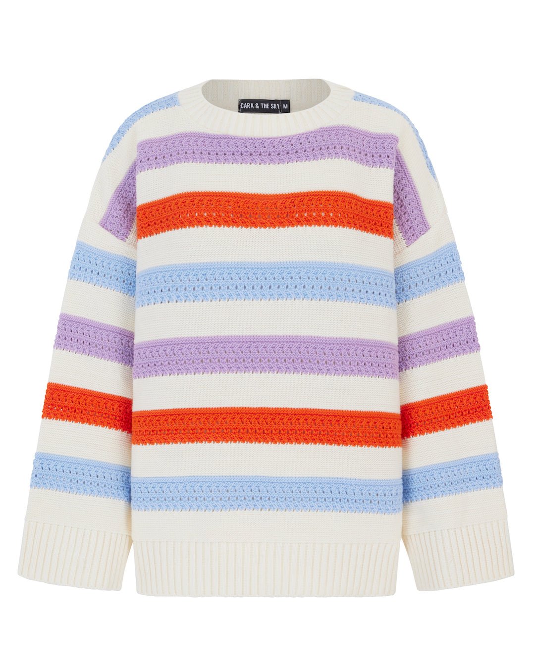 Lauren Rainbow Crochet Stripe Recycled Cotton Blend Jumper White