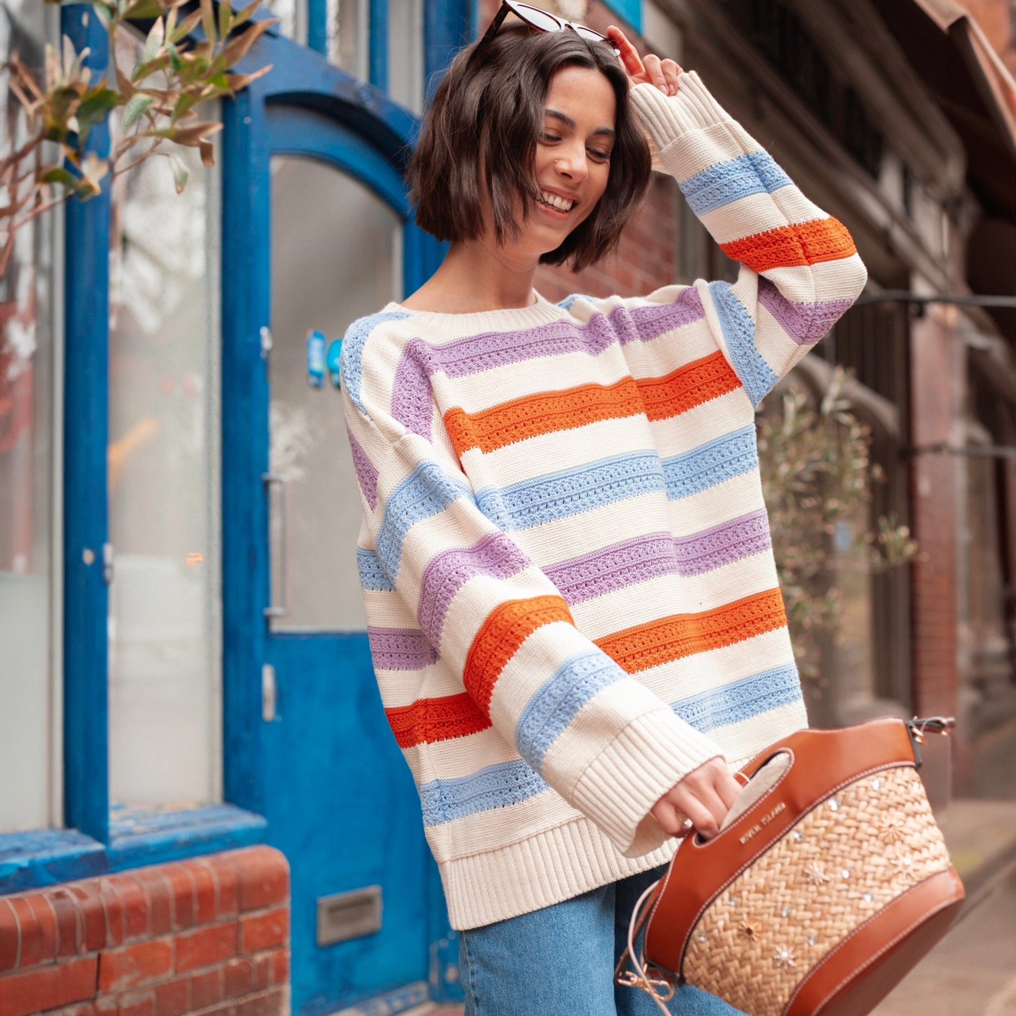 Lauren Rainbow Crochet Stripe Recycled Cotton Blend Jumper