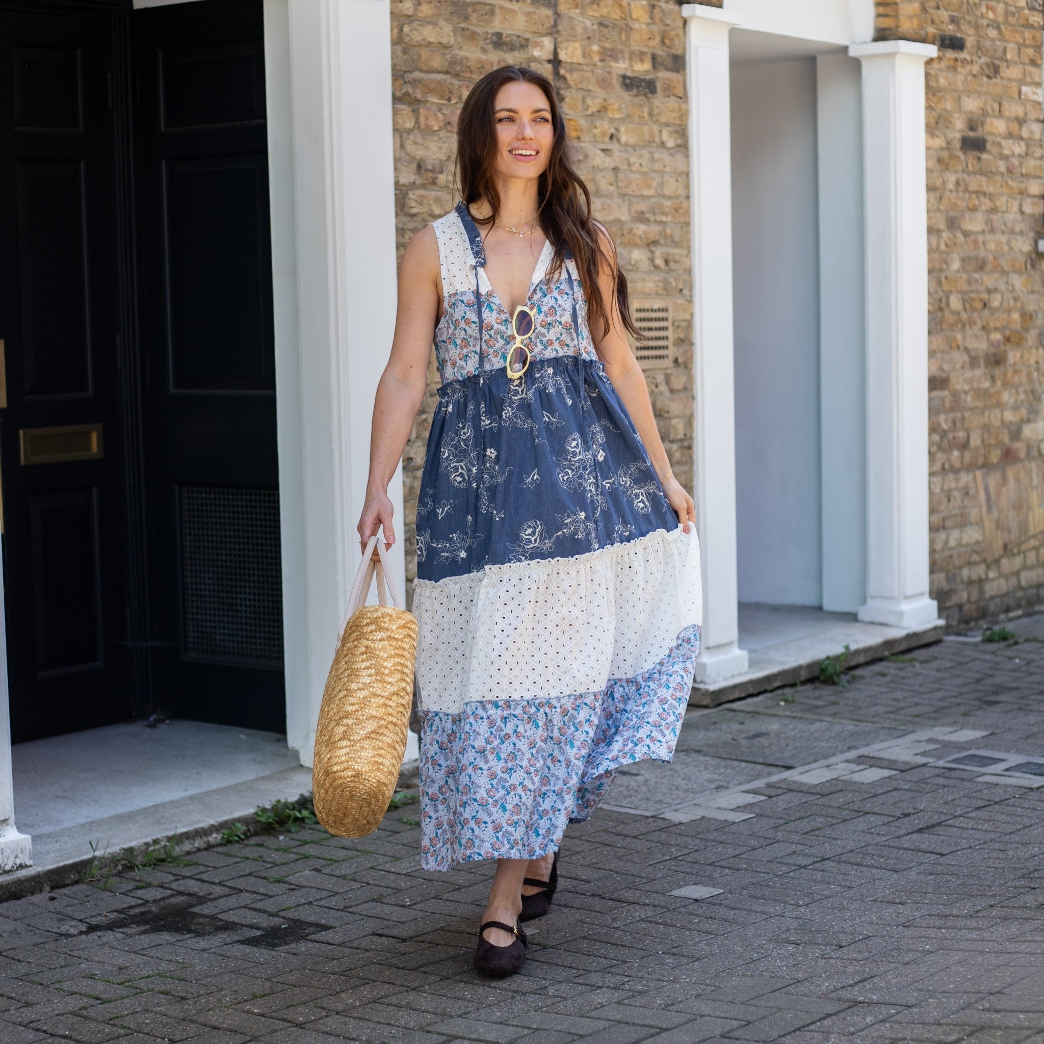 blue floral boho dress Blue and White Floral Mini Dress with Tie Straps