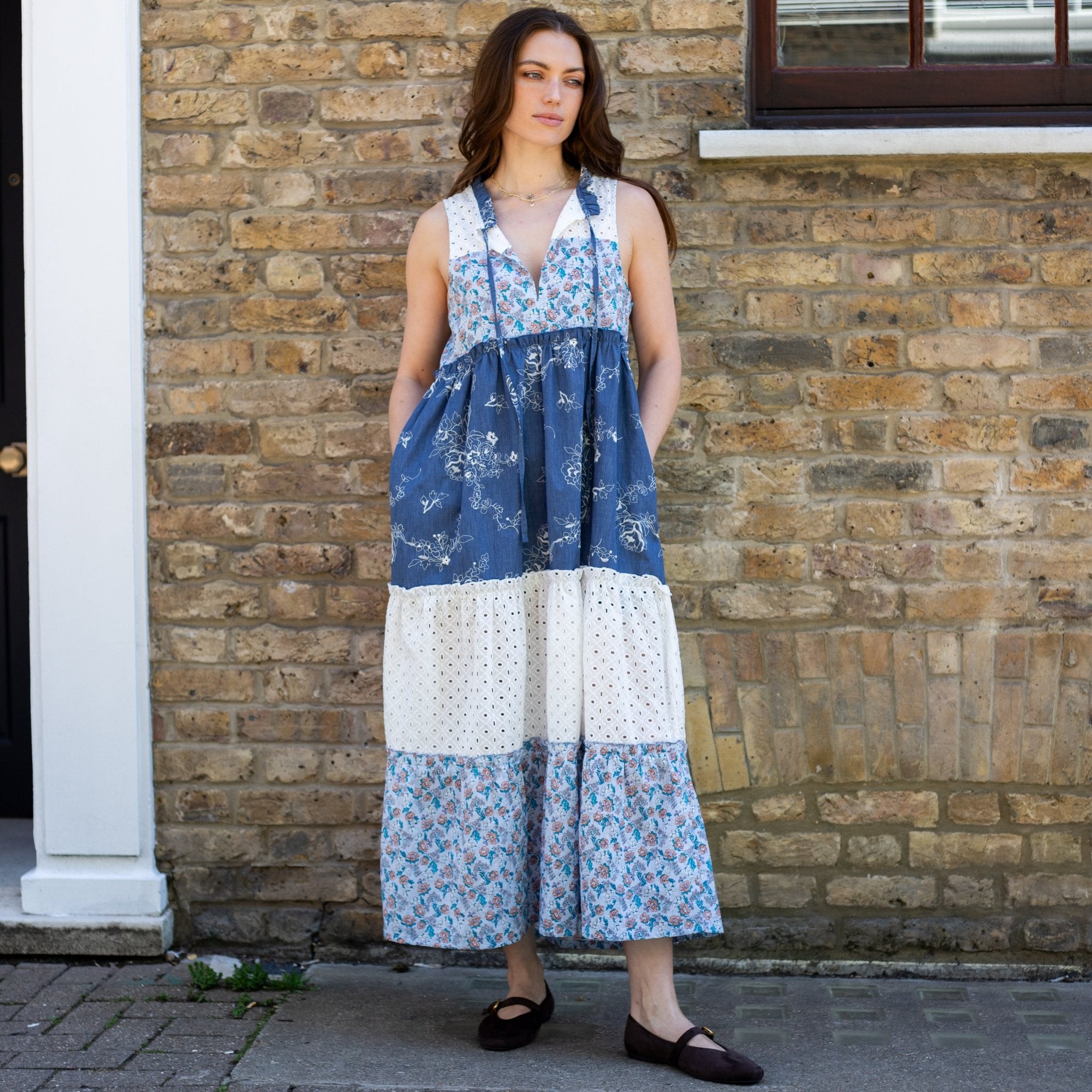 blue and white boho maxi dress Maisie Tiered Floral Sleeveless – Cara & The Sky European Iris Yellow Embellished Asymmetrical The soft rayon blend Size:Mom-XS/S
