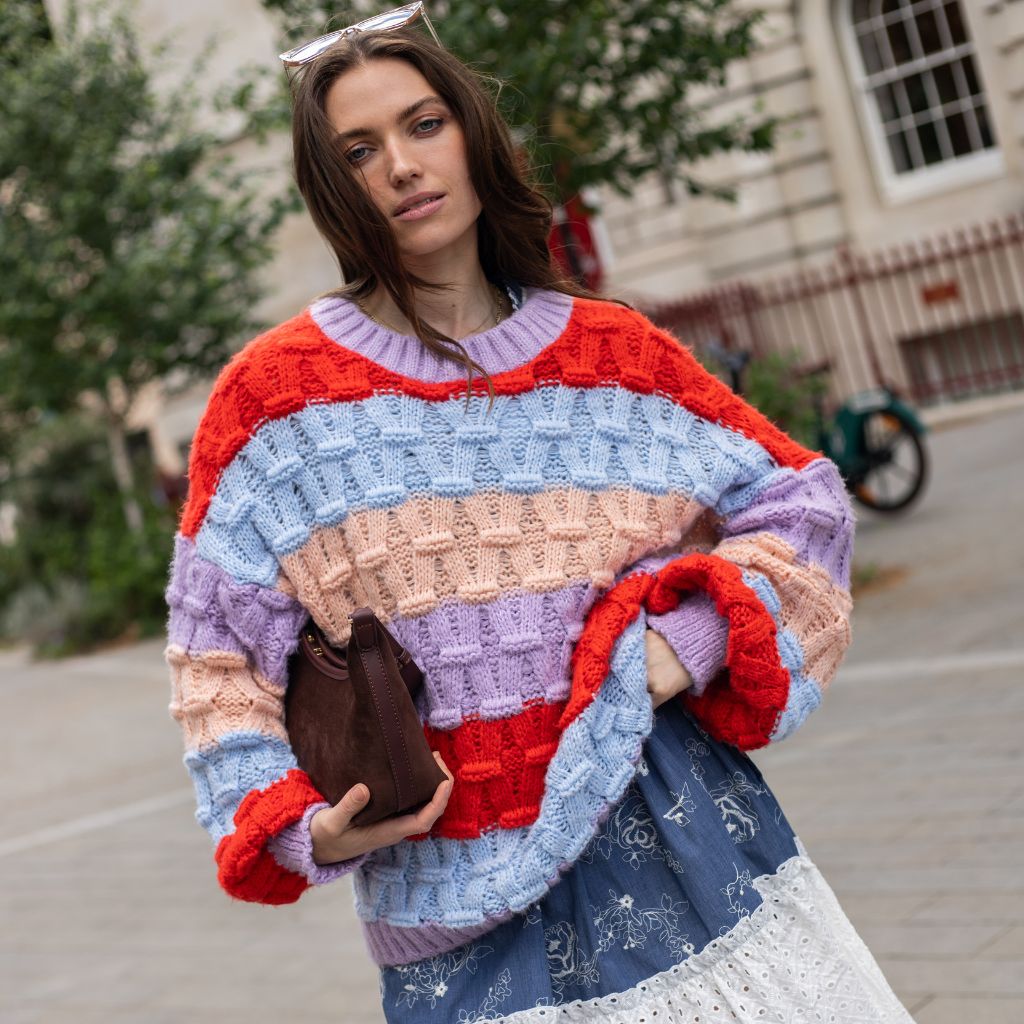 Mandy Criss Cross Stitch Balloon Sleeve Stripe Jumper
