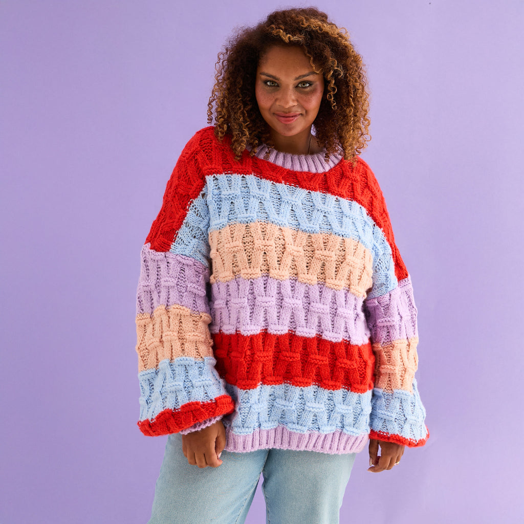 Mandy Criss - Cross Stitch Balloon Sleeve Stripe Jumper - Orange - Cara & The Sky