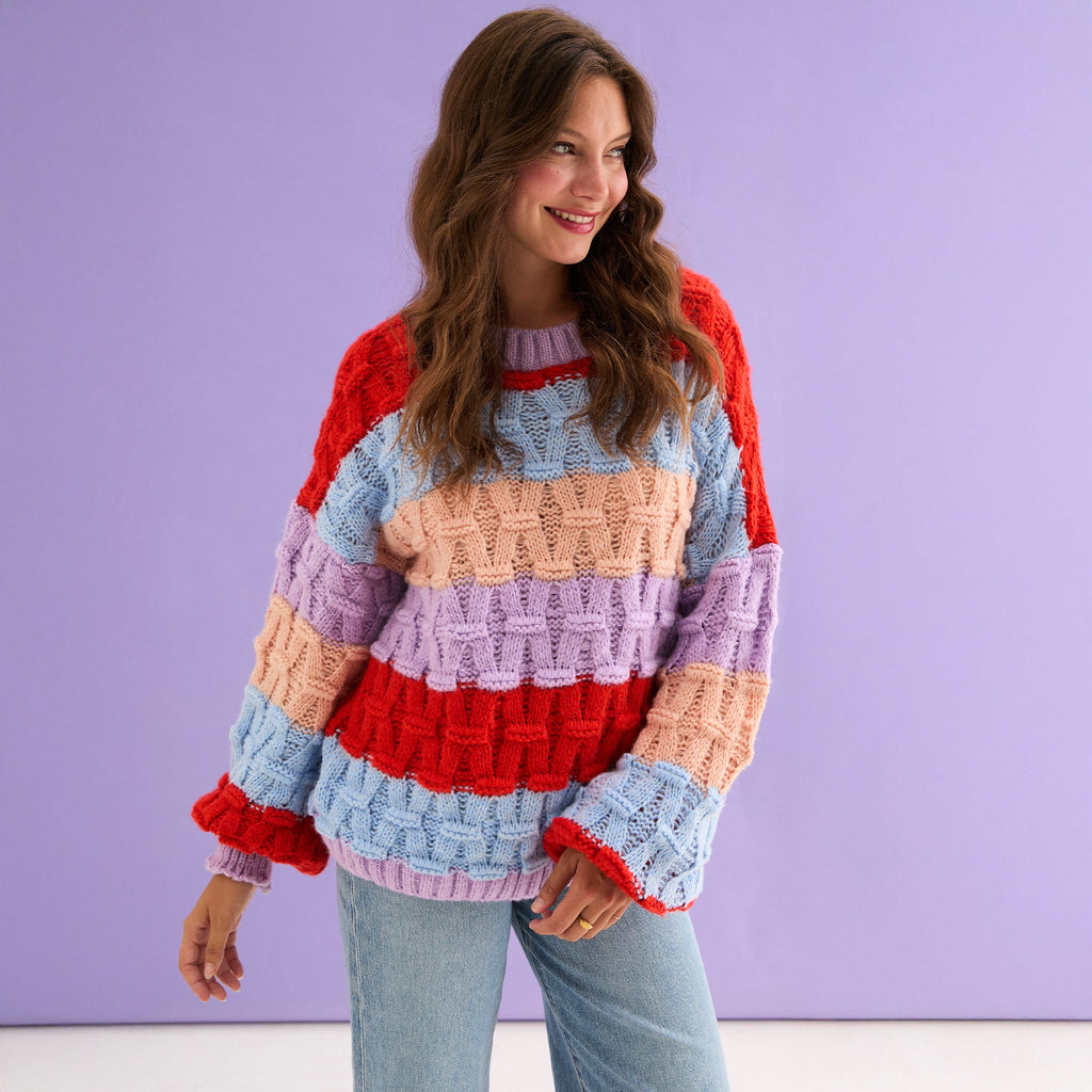 Mandy Criss - Cross Stitch Balloon Sleeve Stripe Jumper - Orange - Cara & The Sky