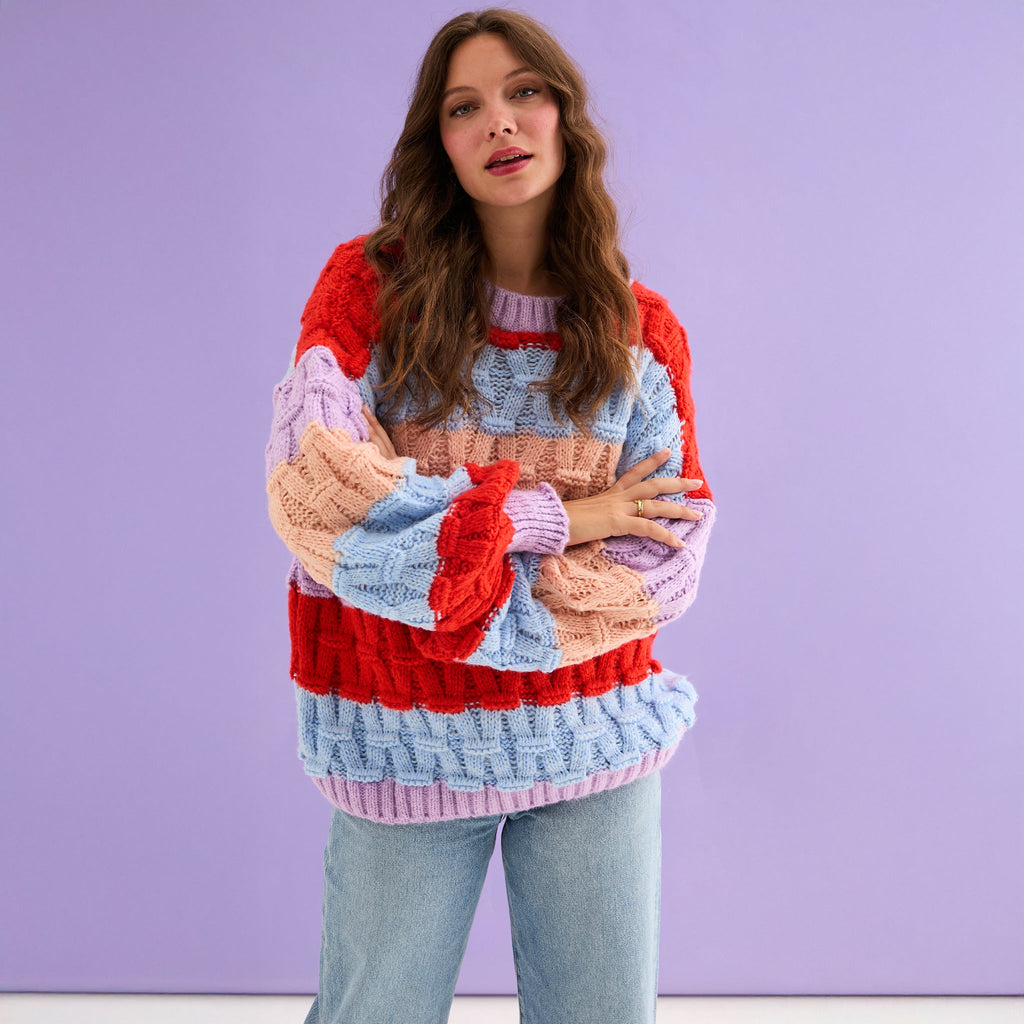 Mandy Criss - Cross Stitch Balloon Sleeve Stripe Jumper - Orange - Cara & The Sky