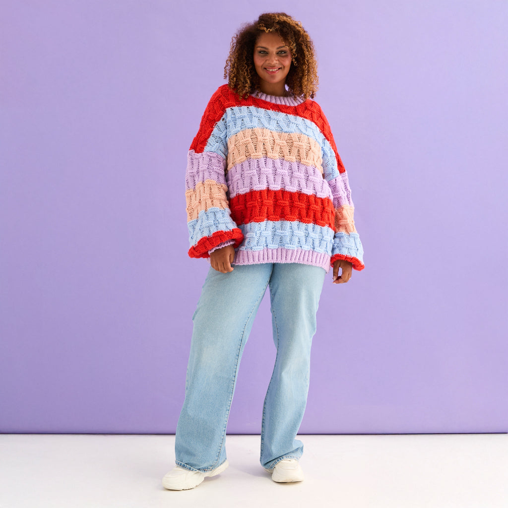 Mandy Criss - Cross Stitch Balloon Sleeve Stripe Jumper - Orange - Cara & The Sky