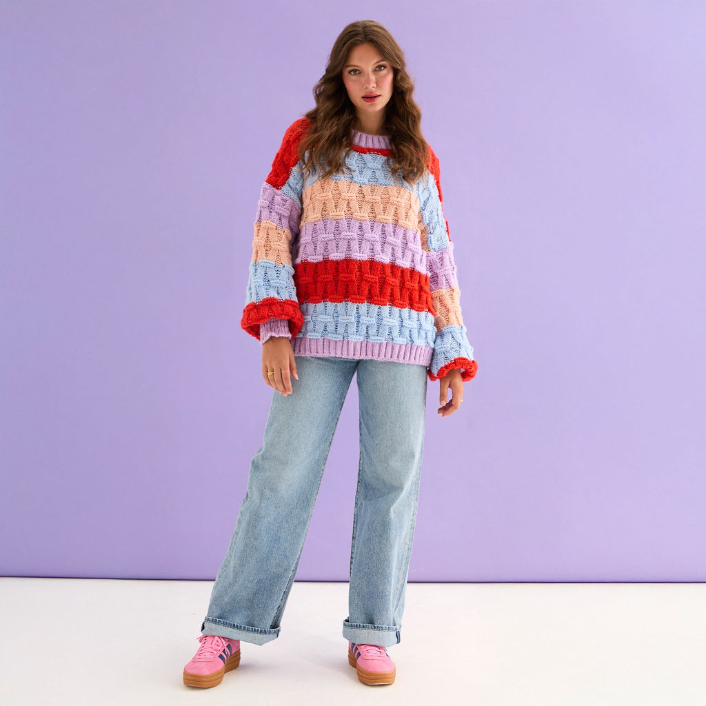 Mandy Criss - Cross Stitch Balloon Sleeve Stripe Jumper - Orange - Cara & The Sky