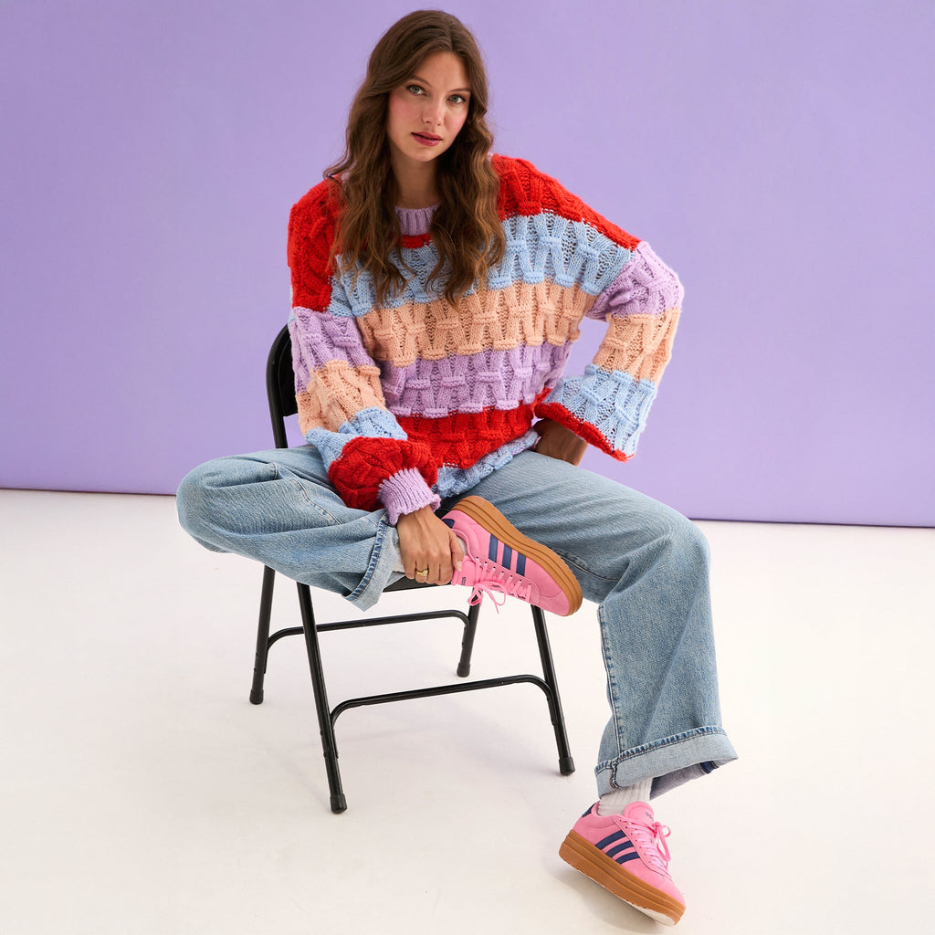 Mandy Criss - Cross Stitch Balloon Sleeve Stripe Jumper - Orange - Cara & The Sky