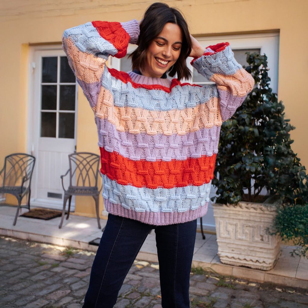 Mandy Criss - Cross Stitch Balloon Sleeve Stripe Jumper - Orange - Cara & The Sky