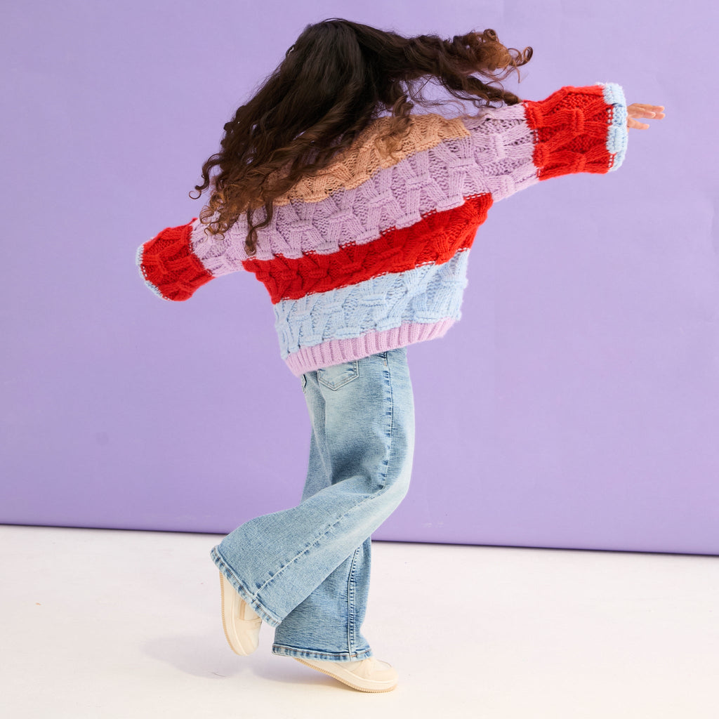 Mandy Kids Criss - Cross Stitch Balloon Sleeve Stripe Jumper - Cara & The Sky