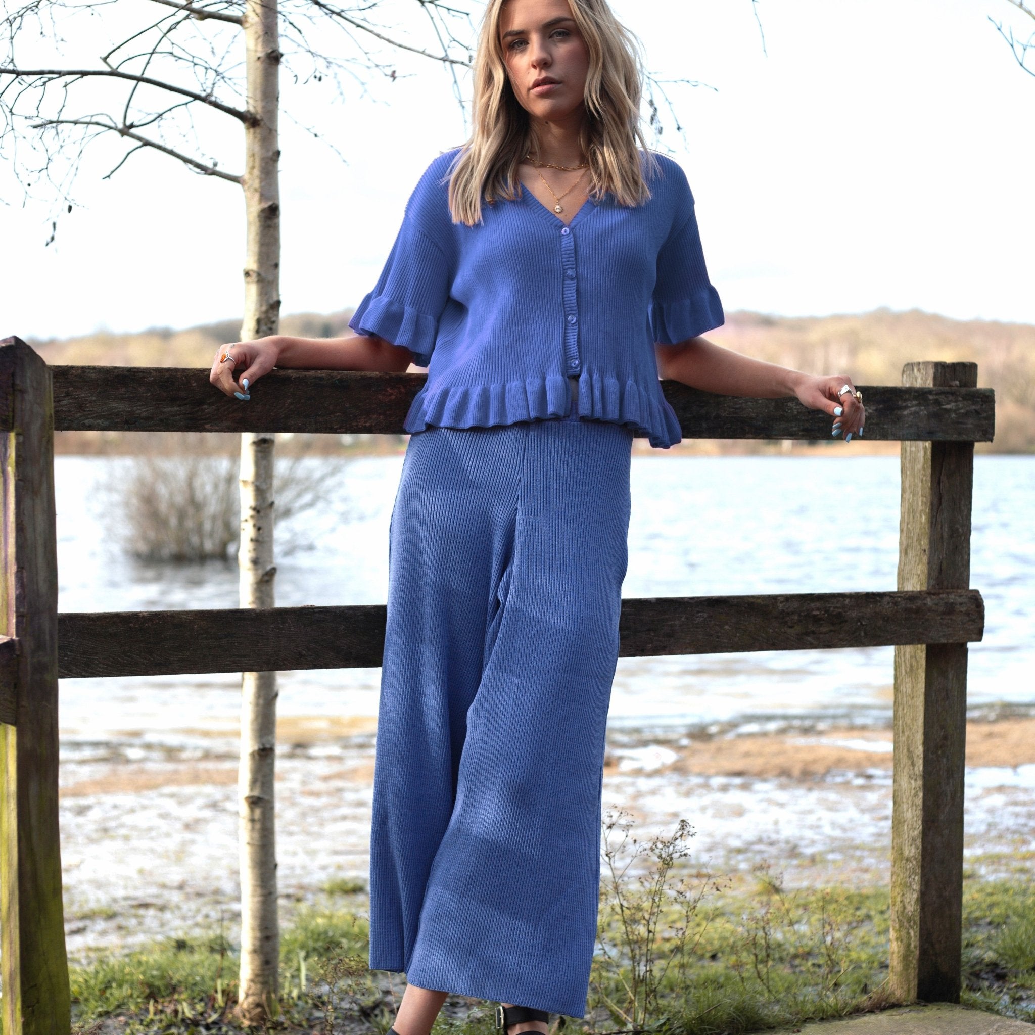 Marlow Ruffle Co-Ord Cardigan Blue Cara The Sky - Main Image