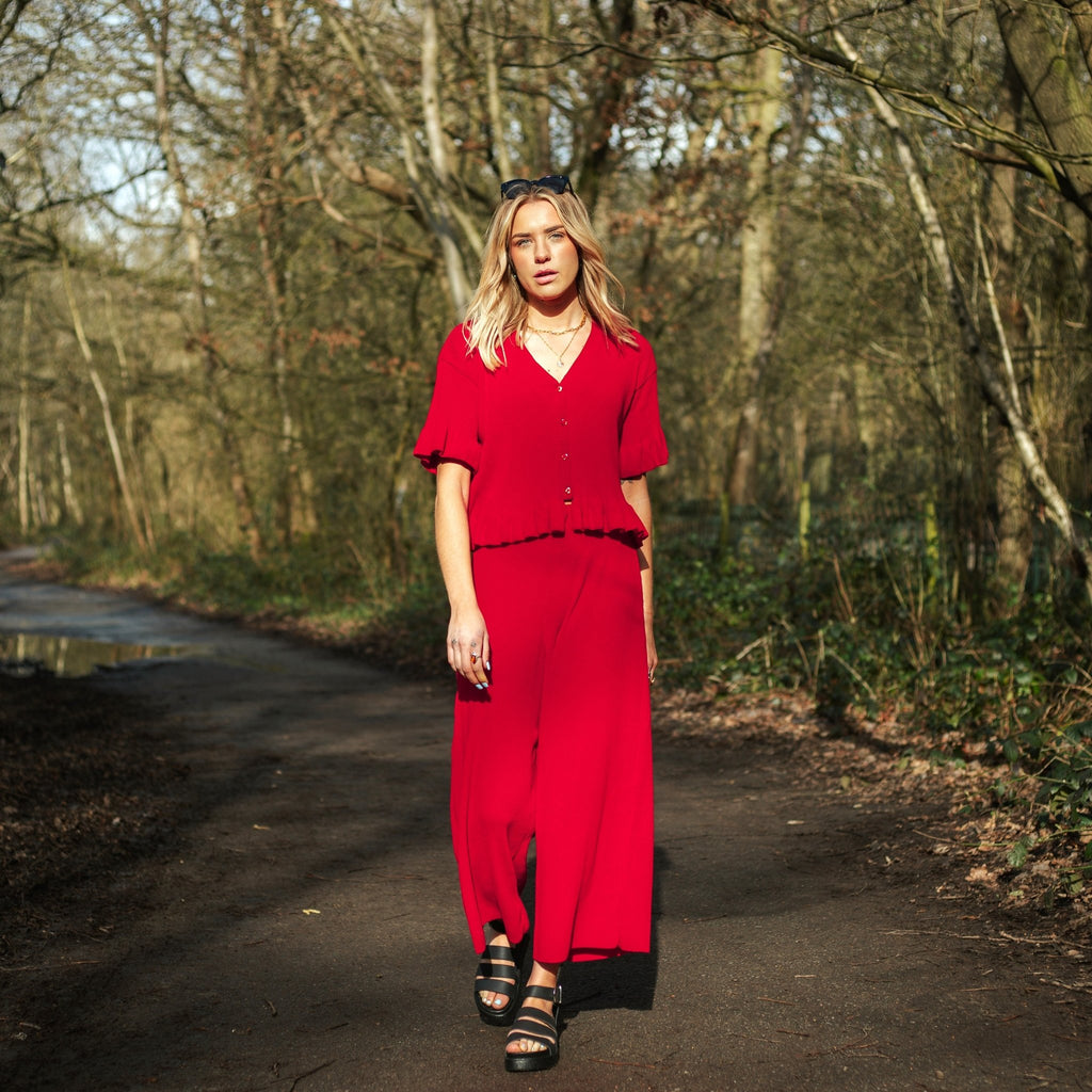 Marlow Ruffle Co-Ord Cardigan - Red - Cara & The Sky