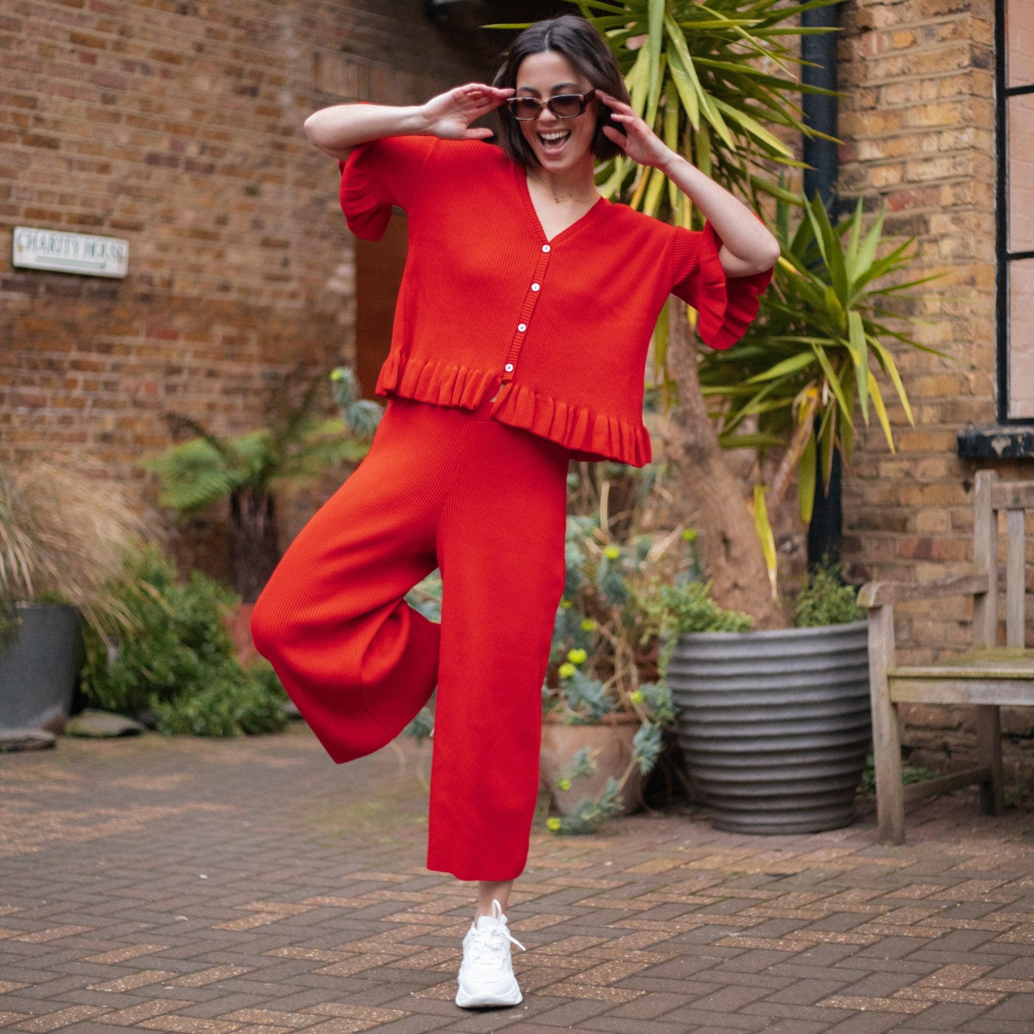 Martha Wide Leg Knitted Trousers Co-Ord Red Cara The Sky
